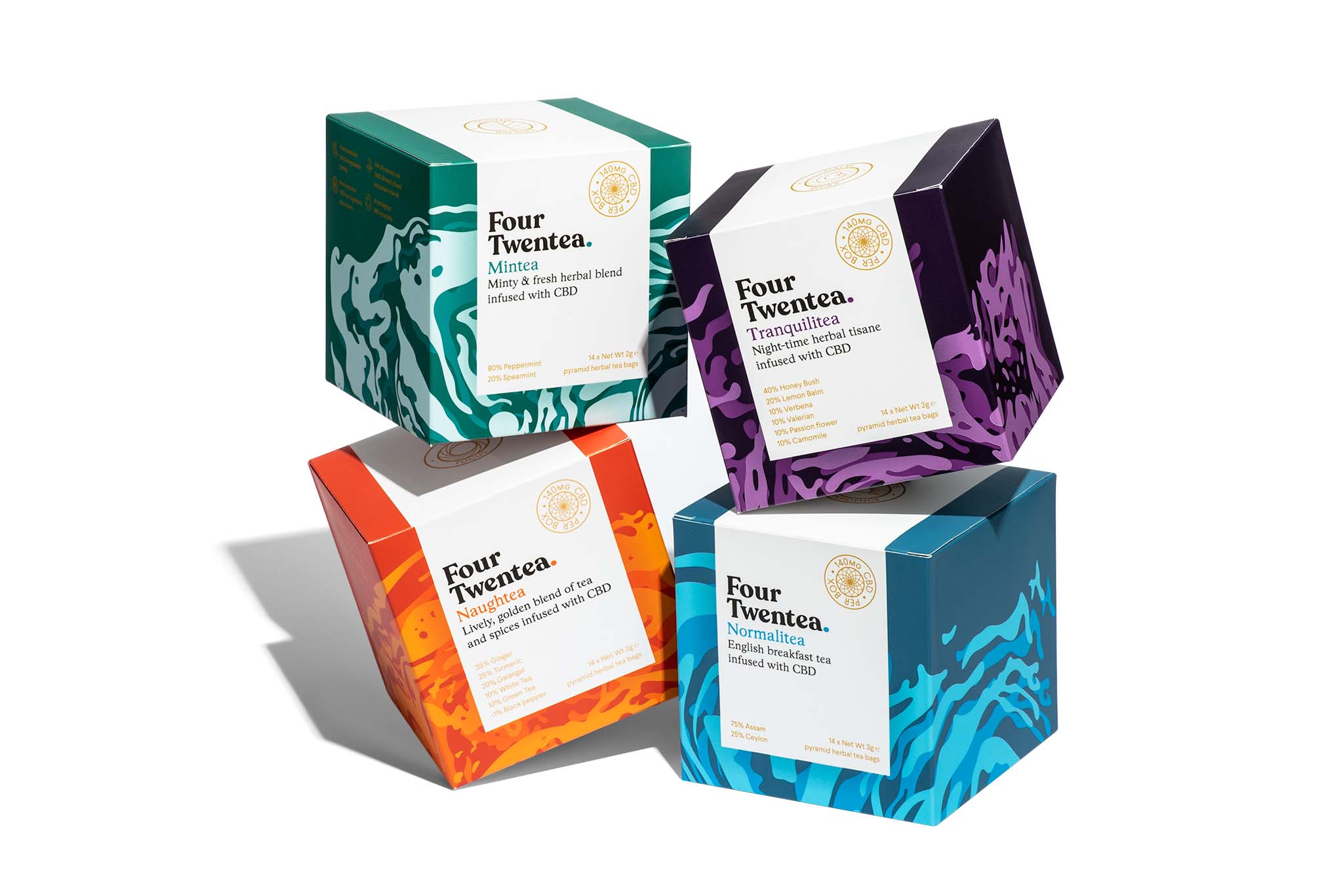 all four blends of tea for CBD tea brand Four twentea