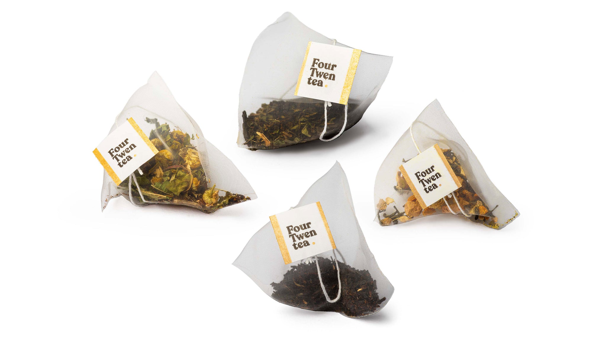 photos of all four blends of Four Twentea CBD tea just the teabags with ingredients and tea inside. To highlight they are plant based and compostable