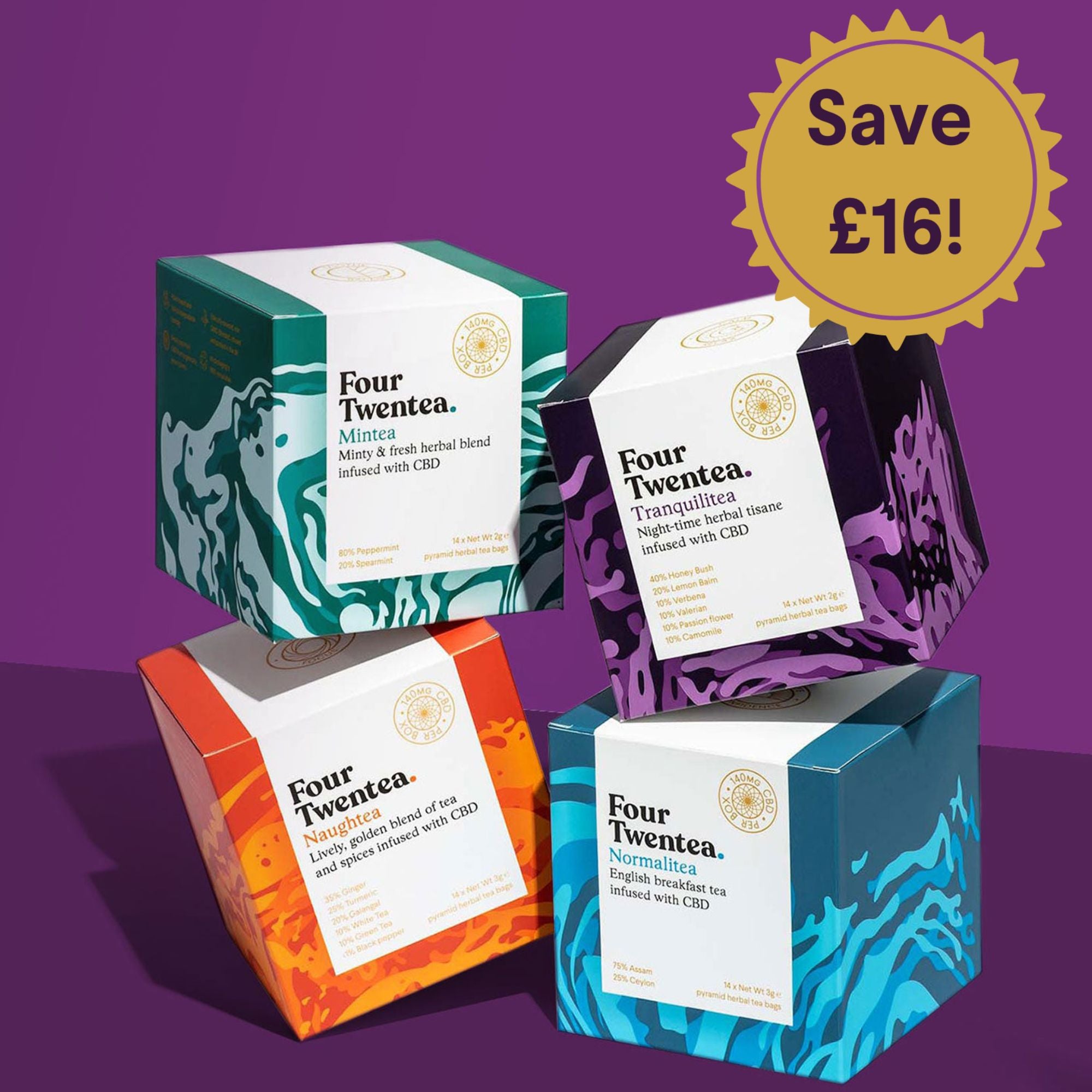 All four CBD tea blends with the £16 off offer sticker on