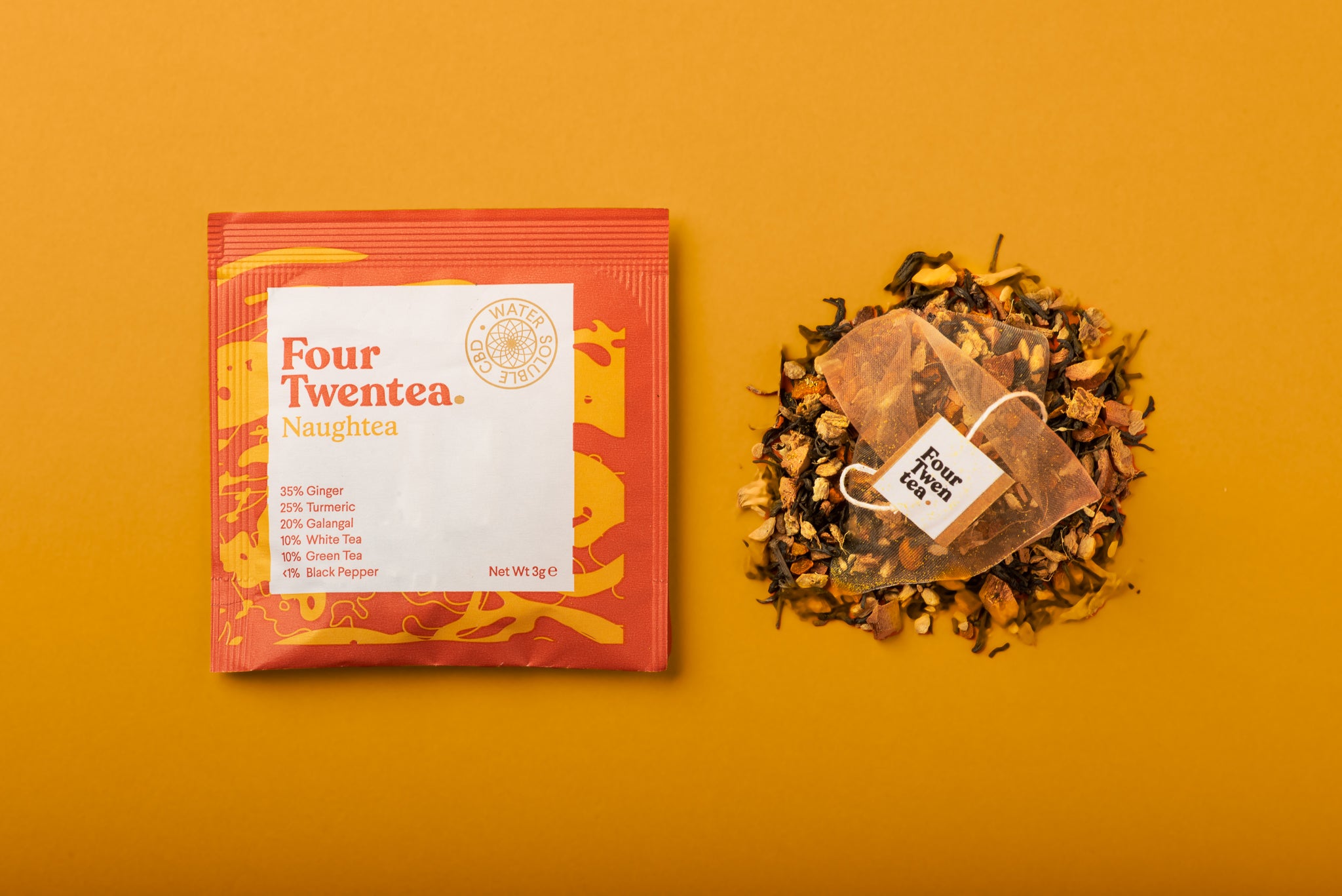 Flat lay image of Four Twentea Turmeric and ginger CBD tea