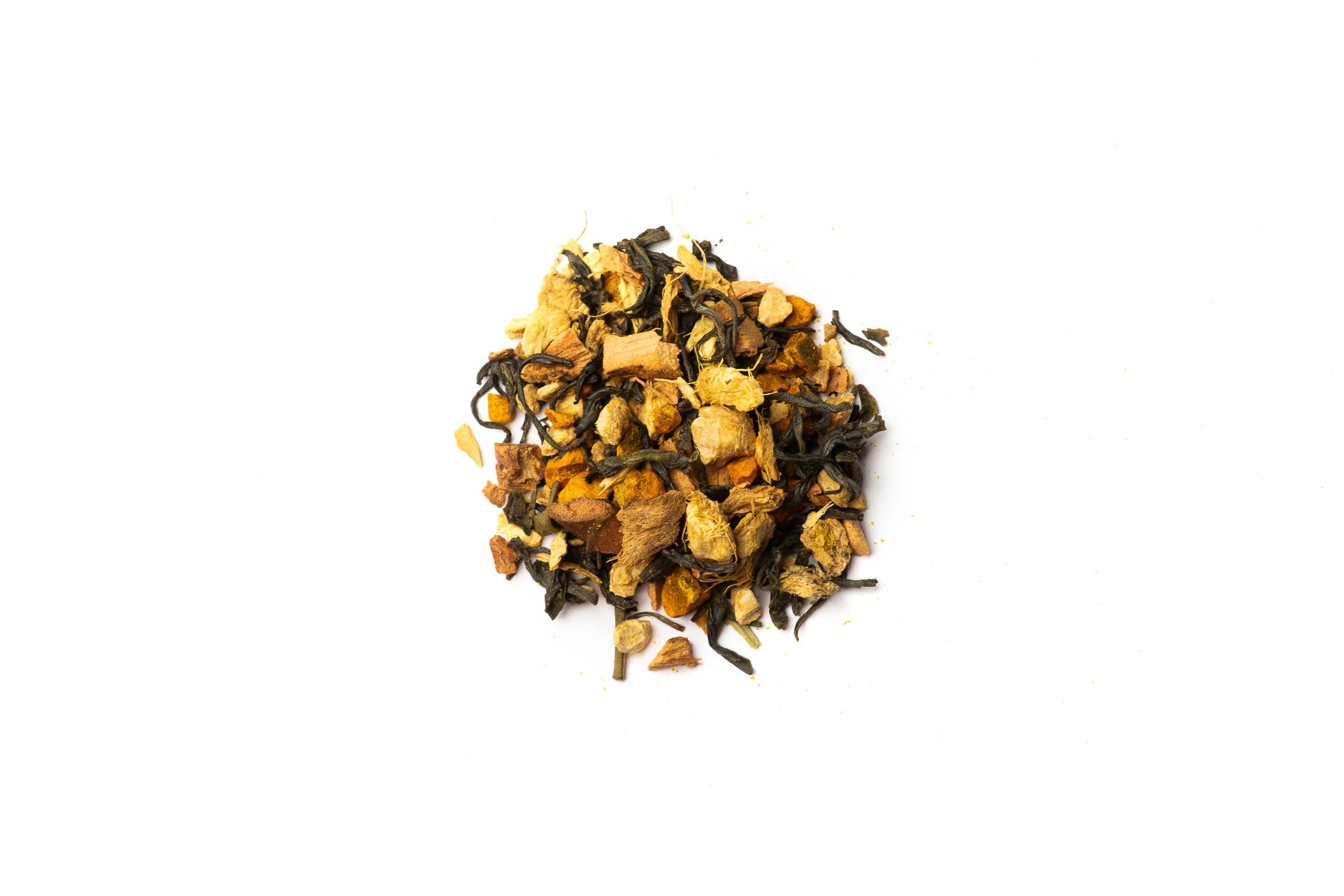 pile of cbd tea ingredients, ginger galangal and turmeric